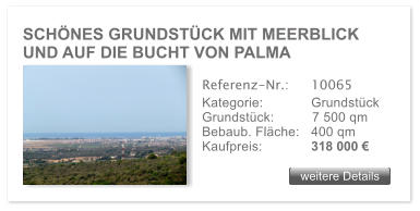 SCHNES GRUNDSTCK MIT MEERBLICK UND AUF DIE BUCHT VON PALMA weitere Details weitere Details Referenz-Nr.:  	10065 Kategorie: 	Grundstck Grundstck:	7 500 qm  Bebaub. Flche:	400 qm  Kaufpreis:     	318 000 